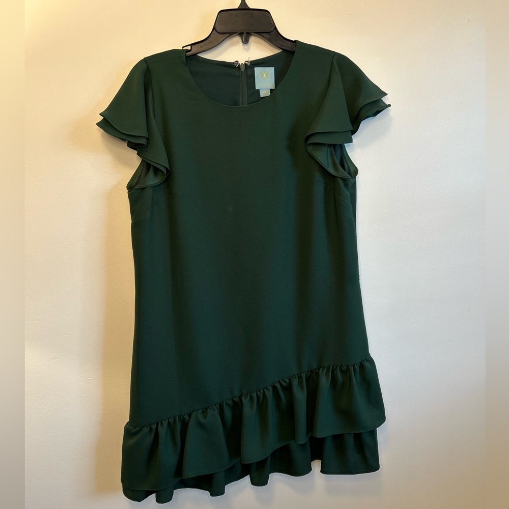 CeCe Dark Green Short Sleeve Cocktail Dress with Ruffles